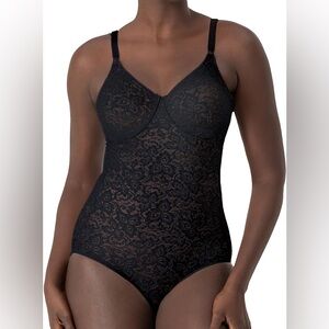 BALI ALL OVER SOLUTIONS womens black smoothing lace body suit shapewear 34B NWT
